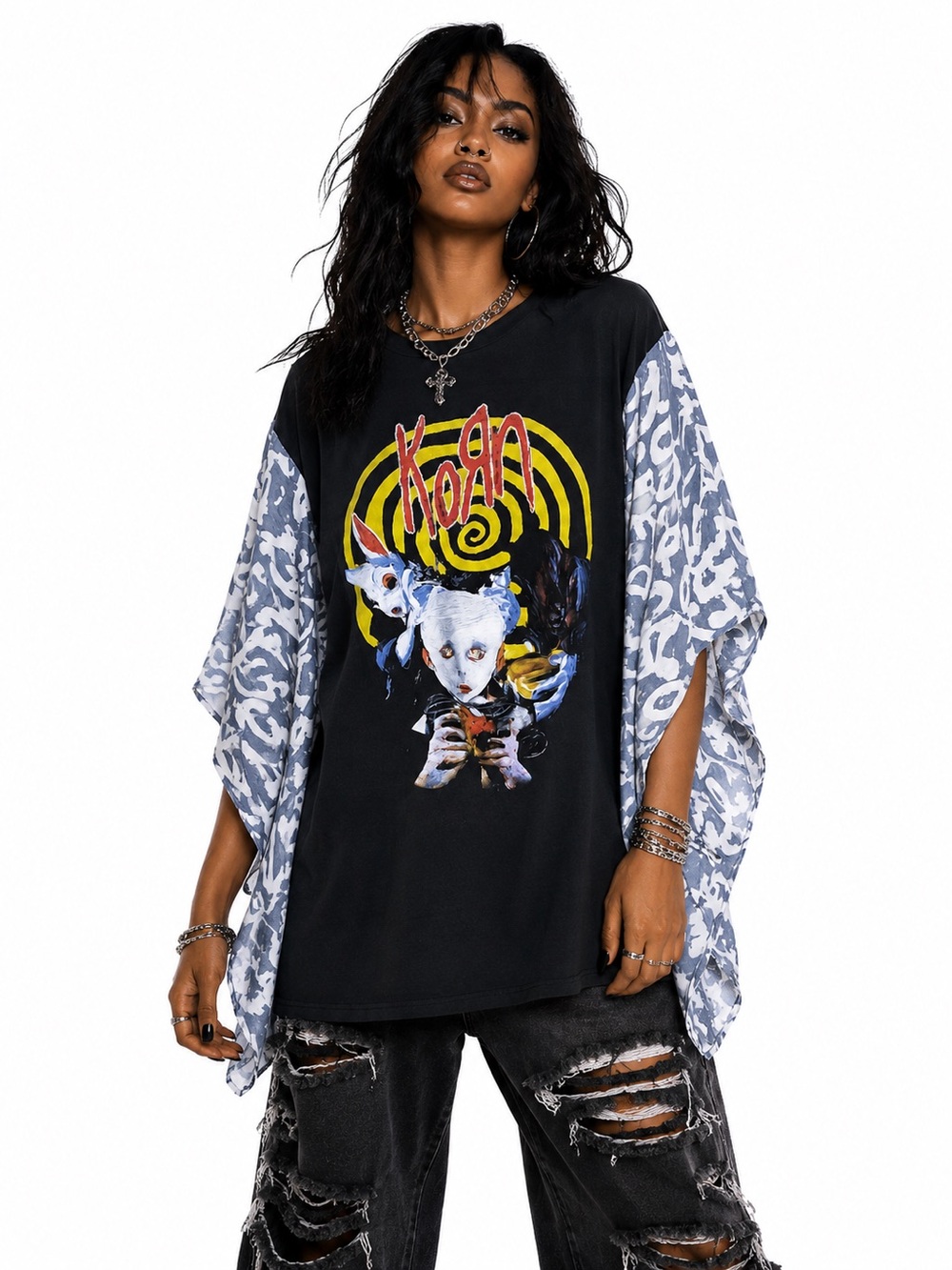 Graphic Draped upcycle one of one Sleeve Women’s Top - Black with Gray